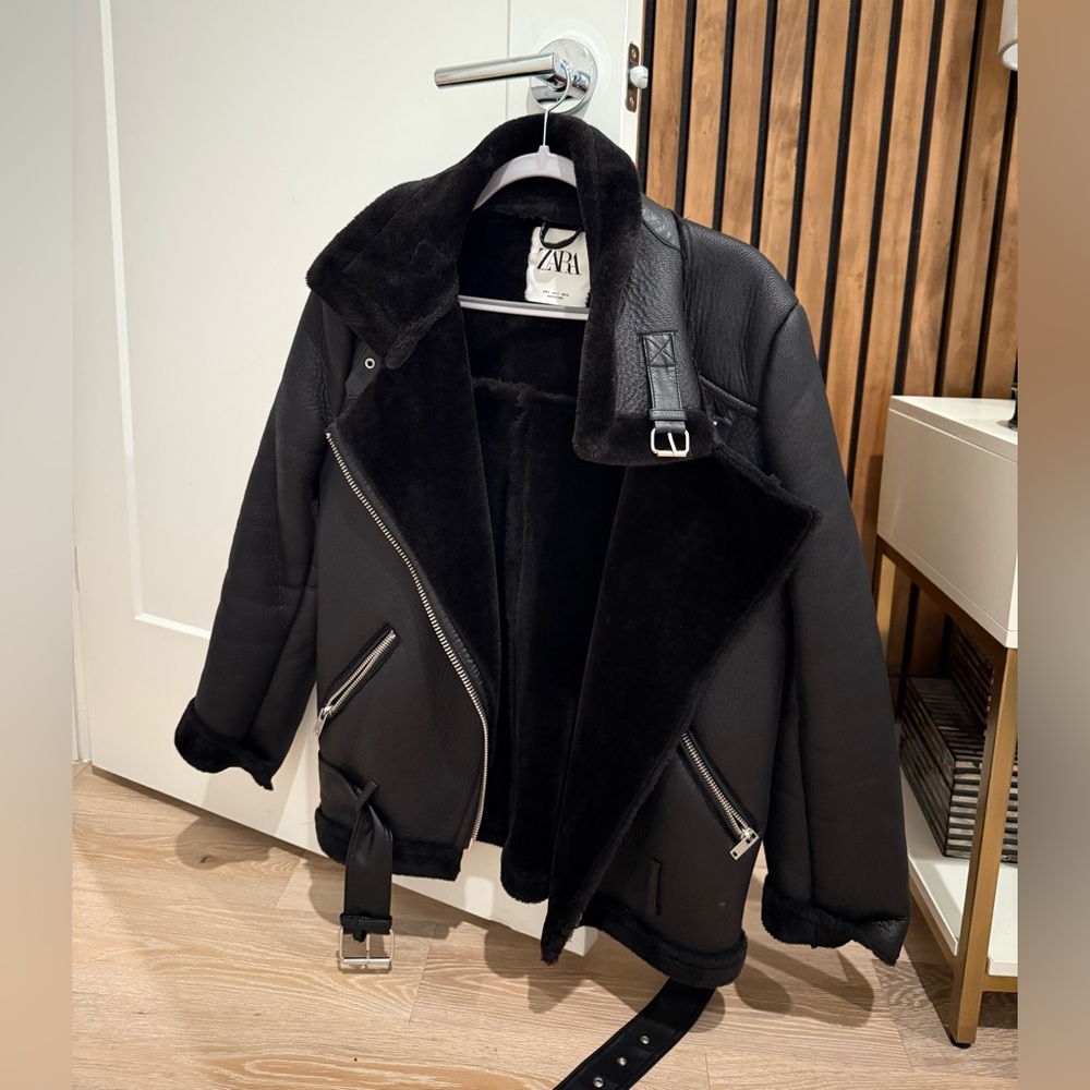 Zara Black Faux Shearling Coat with Belt